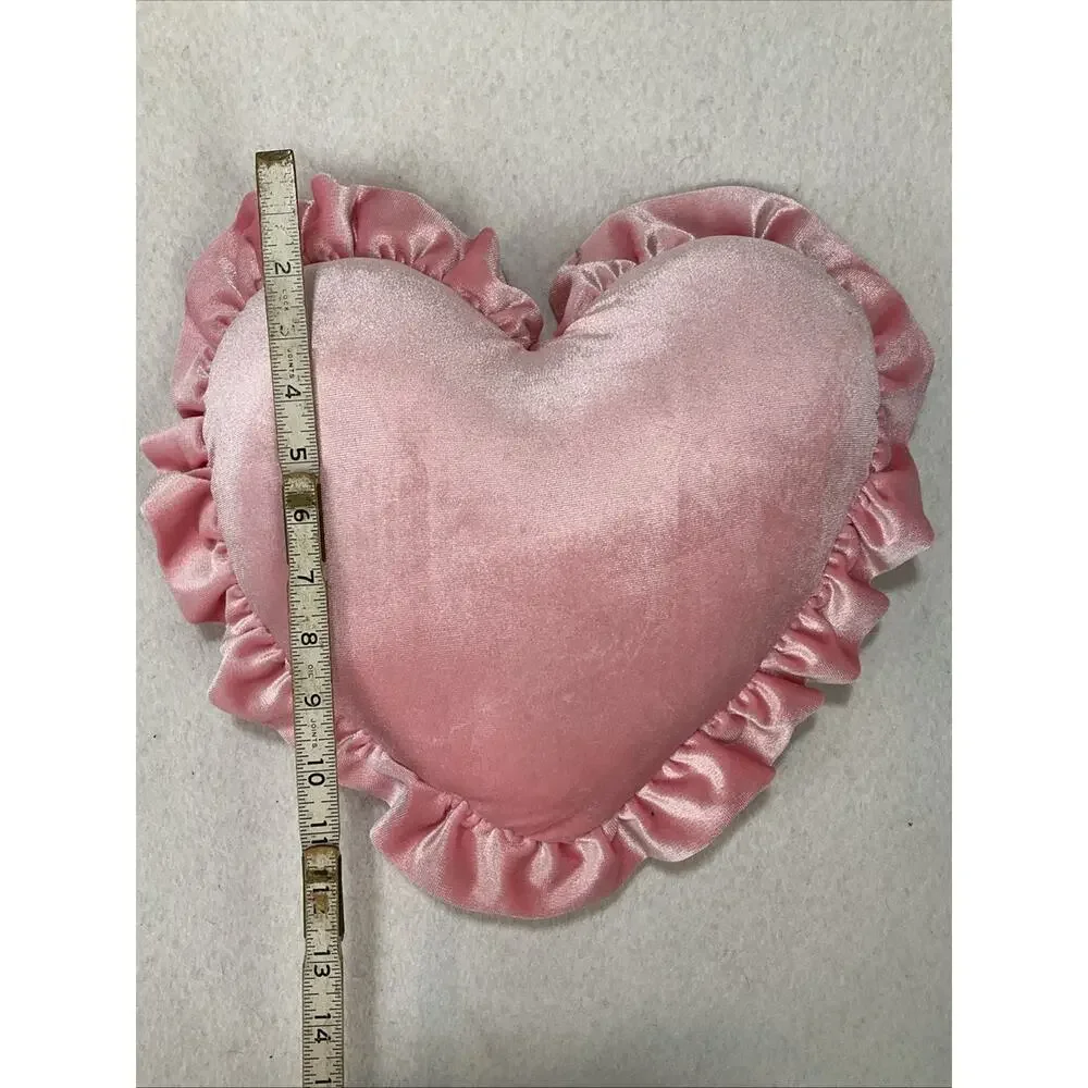 Sweet Pink Velvet Heart Decorative Throw Pillow, Solid, Ruffled Edge, Bedroom/LR
